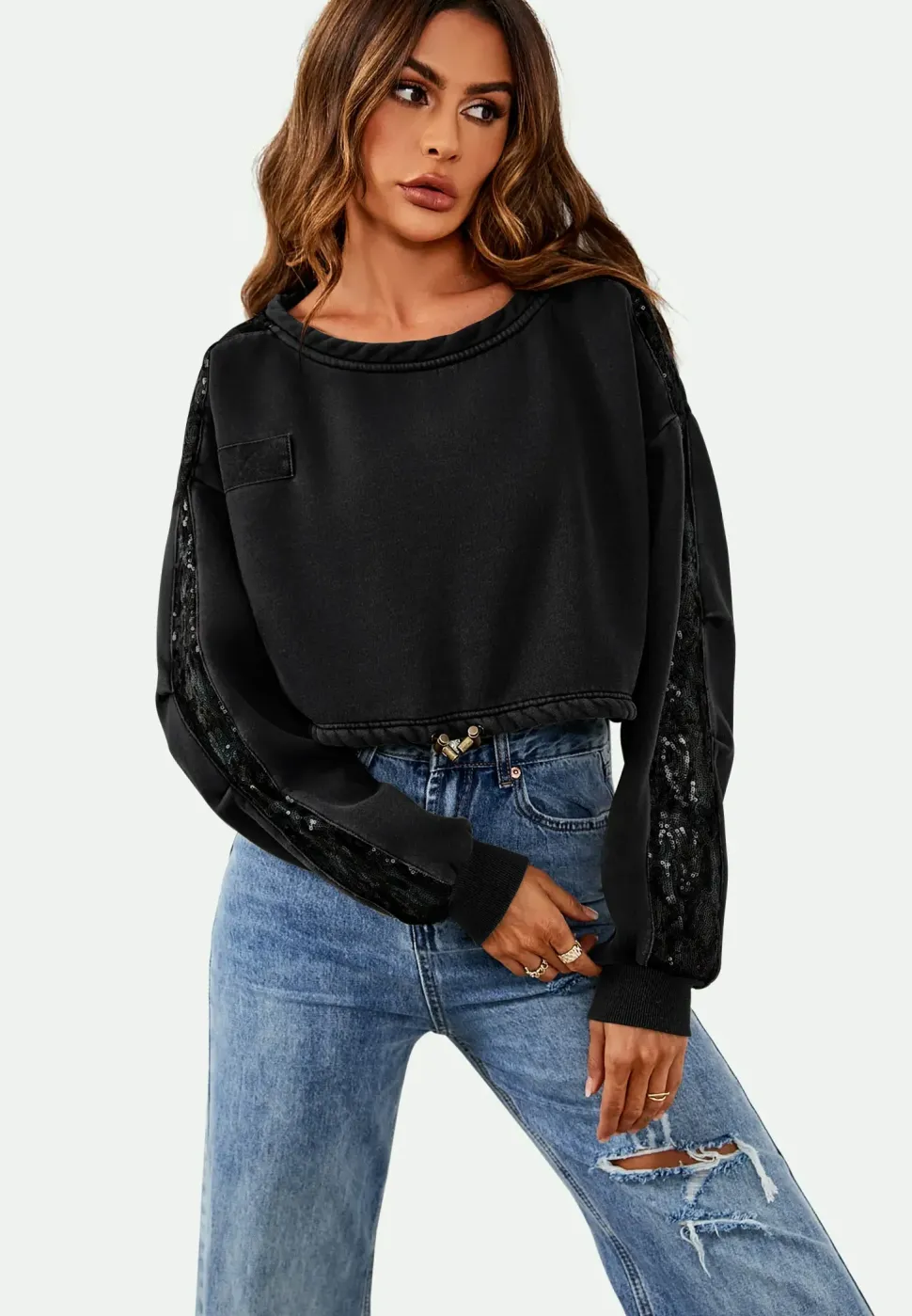 Oversized Sequin Detail Cropped Sweatshirt In Black