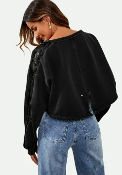 Oversized Sequin Detail Cropped Sweatshirt In Black