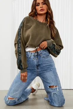 Oversized Sequin Detail Cropped Sweatshirt In Khaki