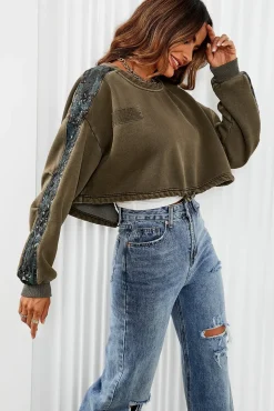 Oversized Sequin Detail Cropped Sweatshirt In Khaki