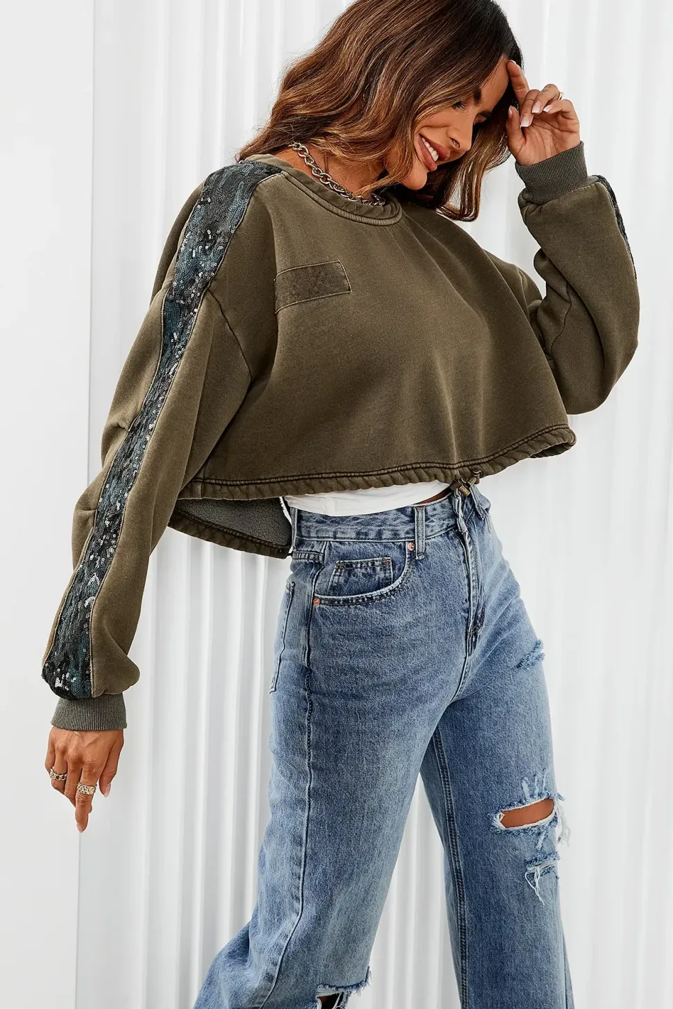 Oversized Sequin Detail Cropped Sweatshirt In Khaki
