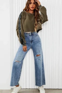 Oversized Sequin Detail Cropped Sweatshirt In Khaki