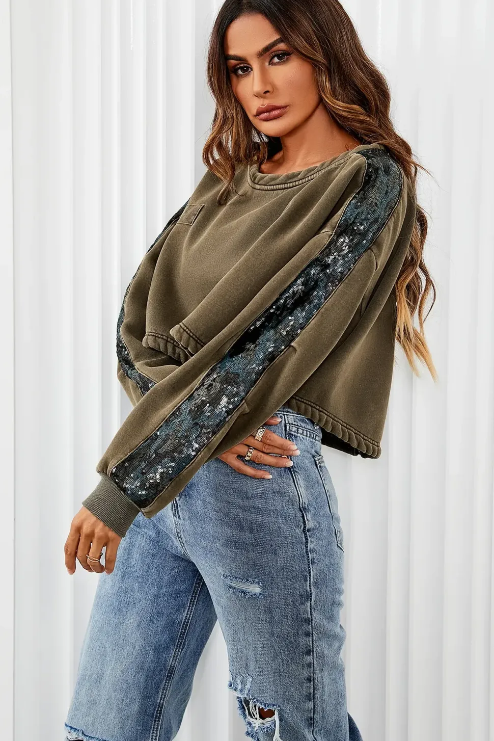 Oversized Sequin Detail Cropped Sweatshirt In Khaki