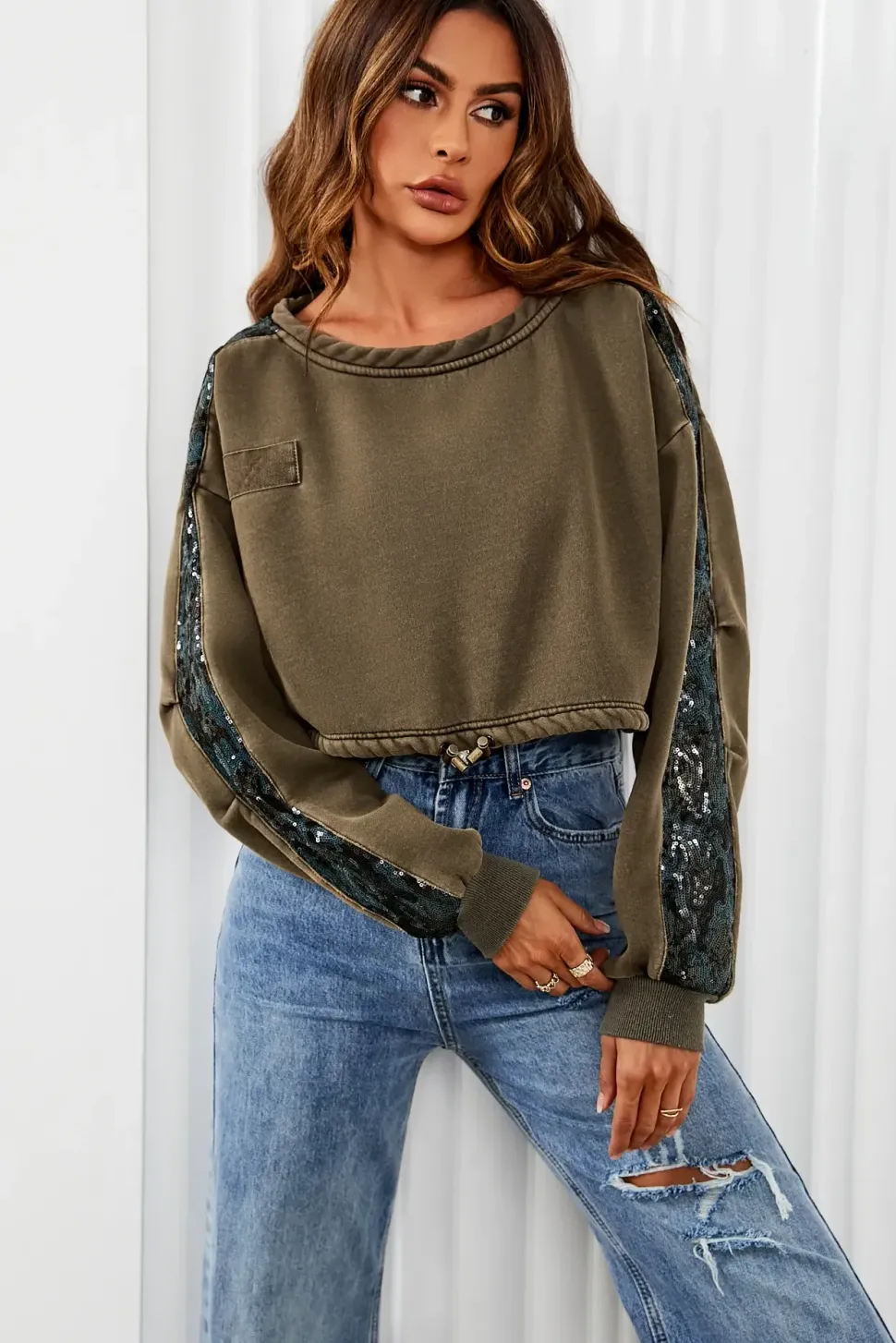 Oversized Sequin Detail Cropped Sweatshirt In Khaki