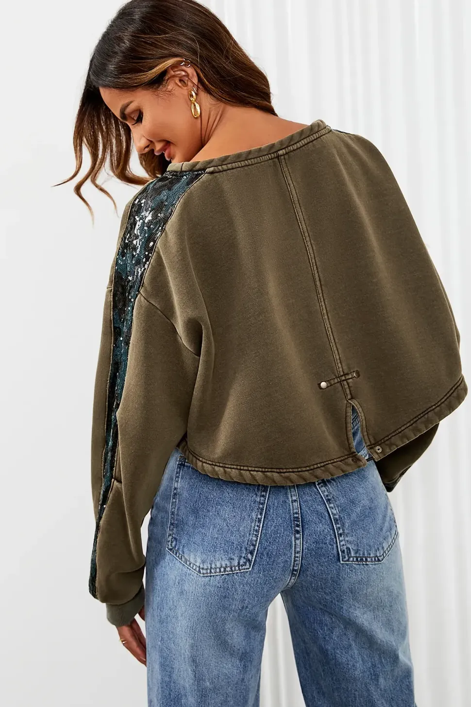 Oversized Sequin Detail Cropped Sweatshirt In Khaki