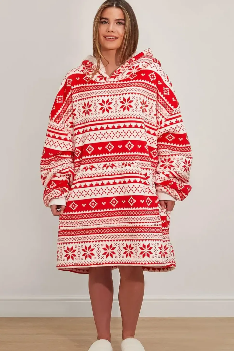 Oversized Sherpa Fleece Nordic Print Hoodie Blanket