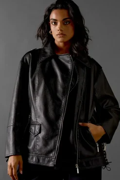 Oversized Whipstitch Detail Leather Jacket