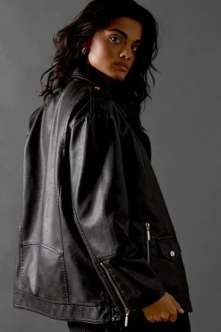 Oversized Whipstitch Detail Leather Jacket