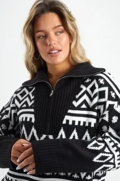 Oversized Zip Neck Knitted Pattern Jumper