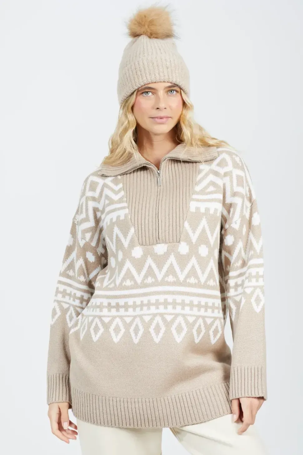 Oversized Zip Neck Knitted Pattern Jumper