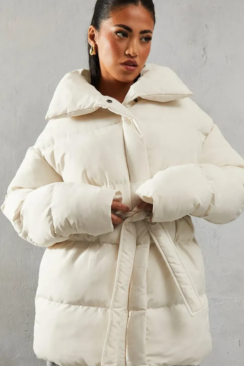 Padded Collar Tie Belt Puffer Coat