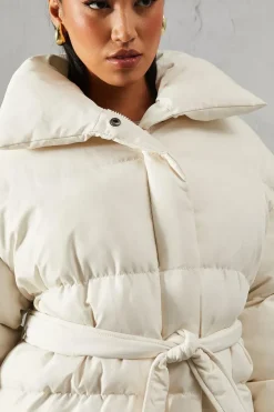 Padded Collar Tie Belt Puffer Coat