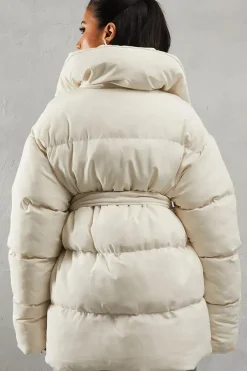 Padded Collar Tie Belt Puffer Coat