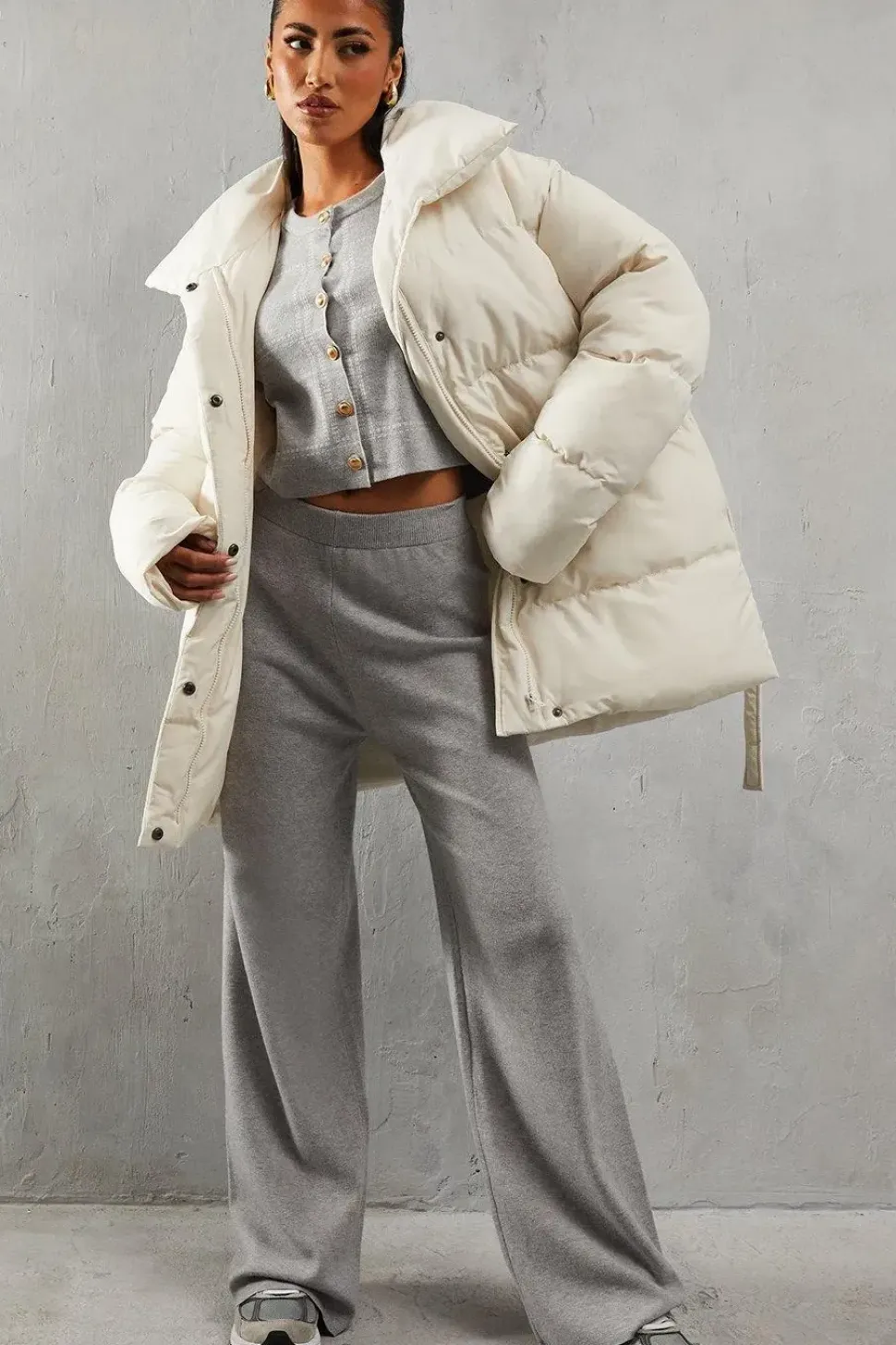 Padded Collar Tie Belt Puffer Coat