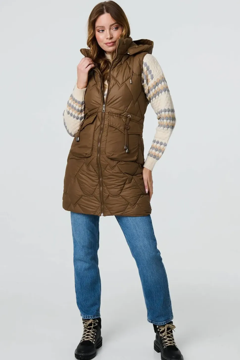 Padded Sleeveless Hooded Longline Gilet