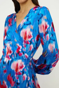 Painted Abstract Satin Wrap Midi Dress