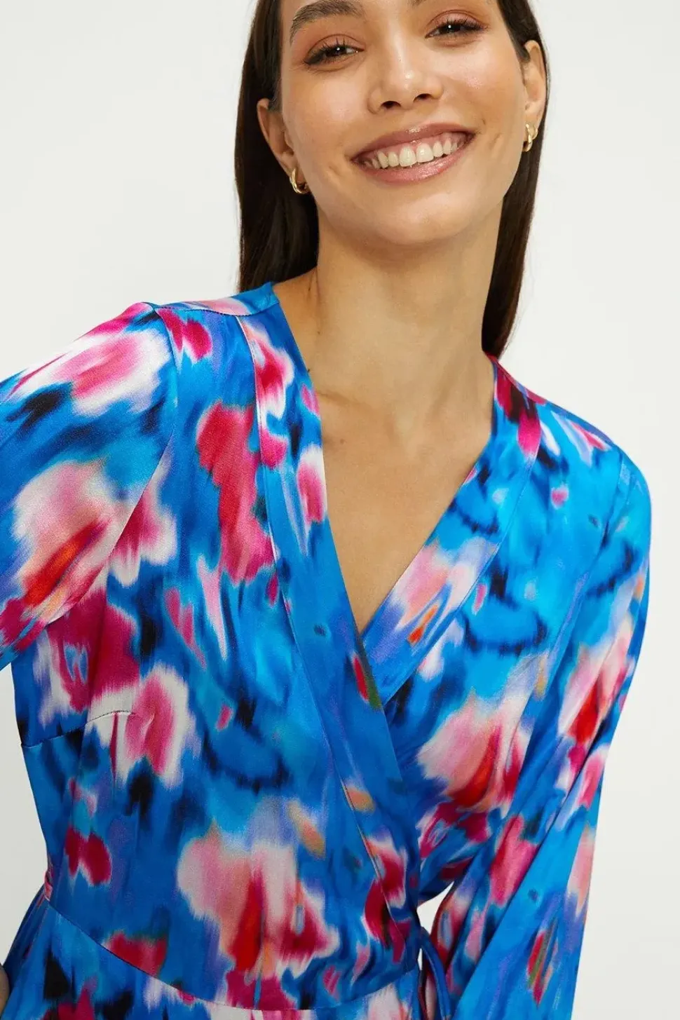 Painted Abstract Satin Wrap Midi Dress