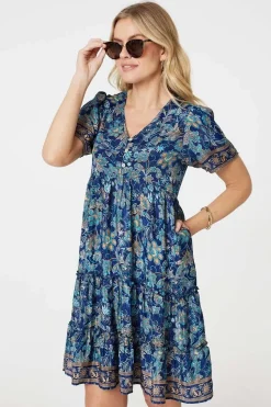 Paisley Border Print V-Neck Short Dress