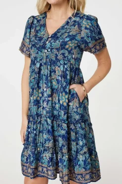 Paisley Border Print V-Neck Short Dress