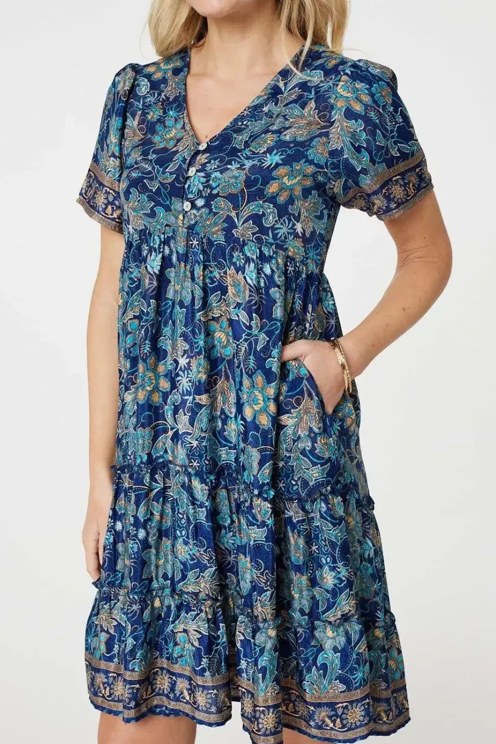 Paisley Border Print V-Neck Short Dress