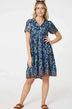 Paisley Border Print V-Neck Short Dress