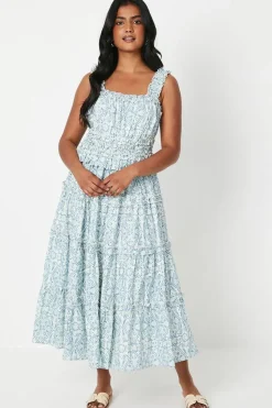 Paisley Cutwork Shirred Strap Ruffle Detail Midi Dress