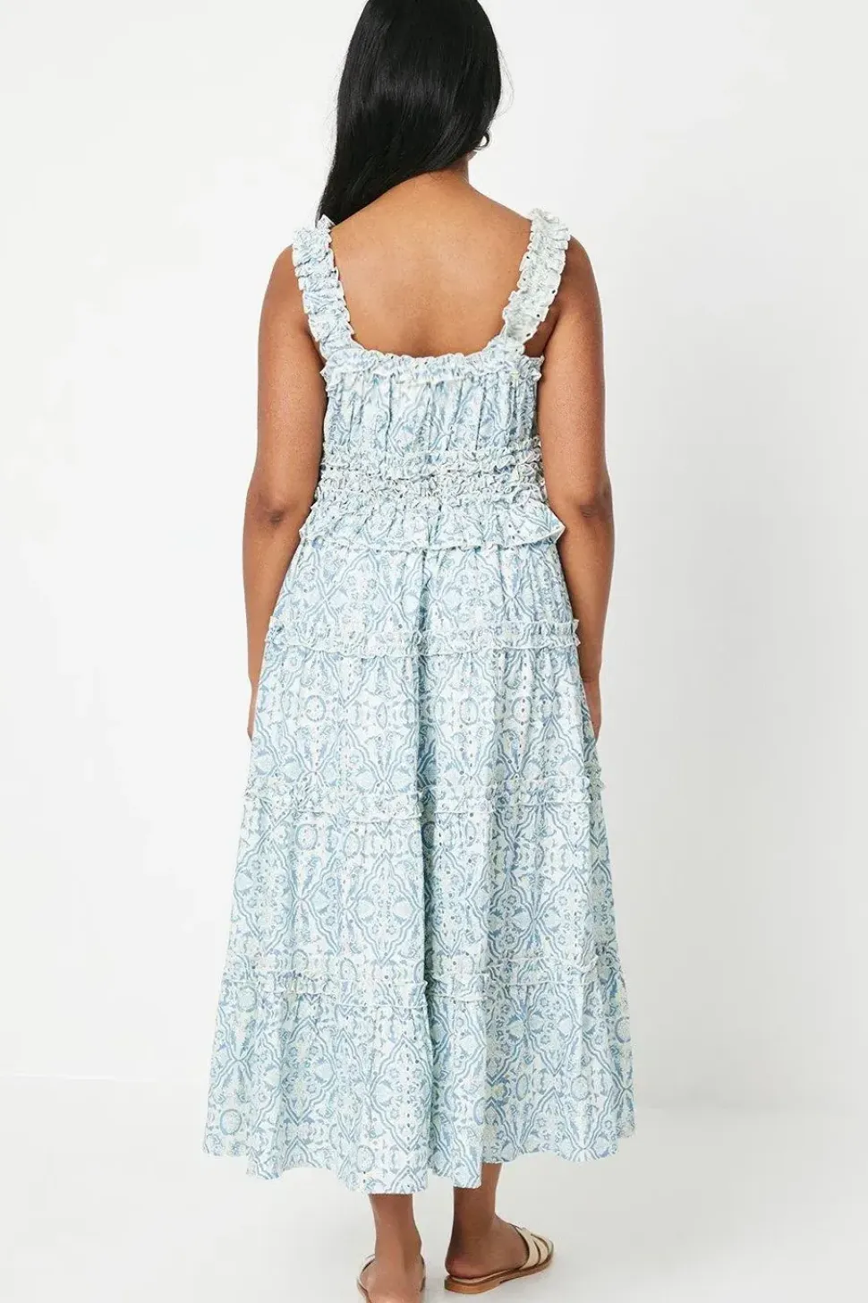 Paisley Cutwork Shirred Strap Ruffle Detail Midi Dress