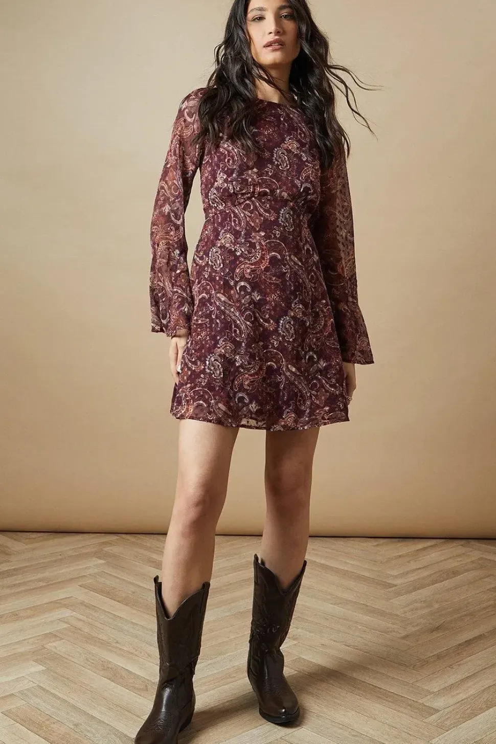 Paisley Dobby Chiffon Flared Sleeve Tie Back Mini Dress