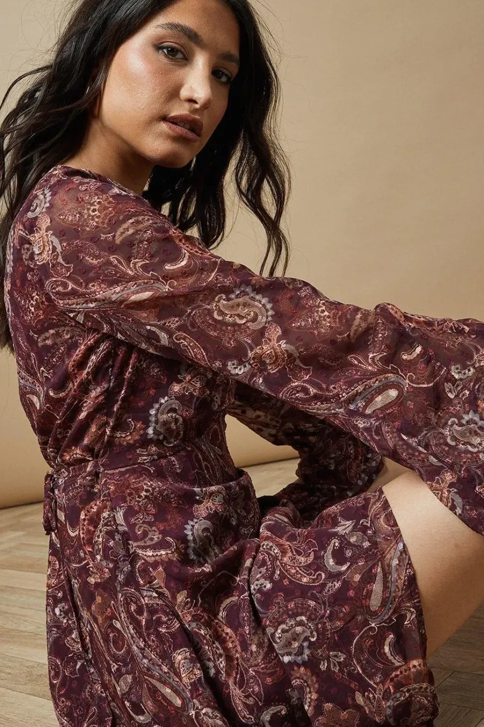 Paisley Dobby Chiffon Flared Sleeve Tie Back Mini Dress