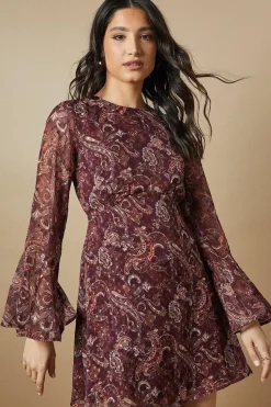 Paisley Dobby Chiffon Flared Sleeve Tie Back Mini Dress