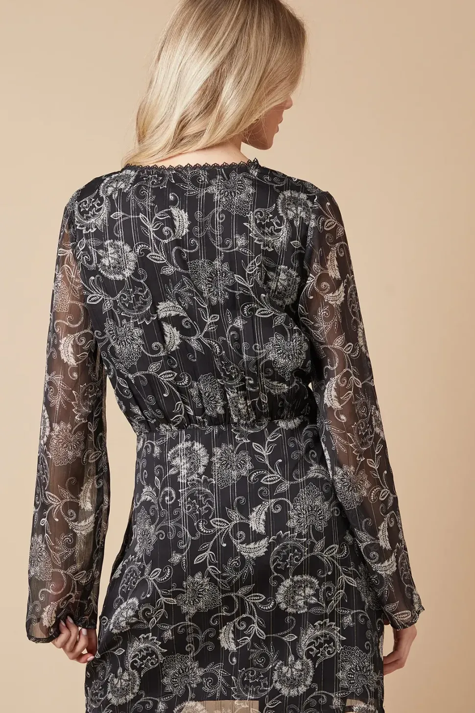 Paisley Lace Trim Metallic Chiffon Wrap Mini Dress