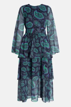 Paisley Layered Chiffon Belted Midi Dress