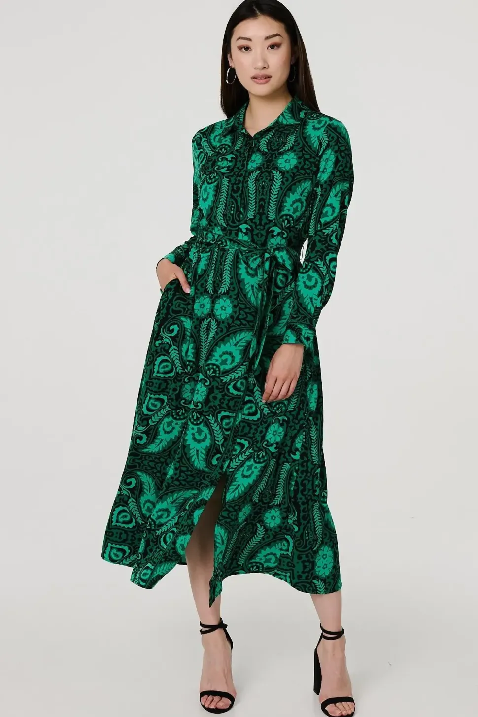 Paisley Long Sleeve Midi Shirt Dress