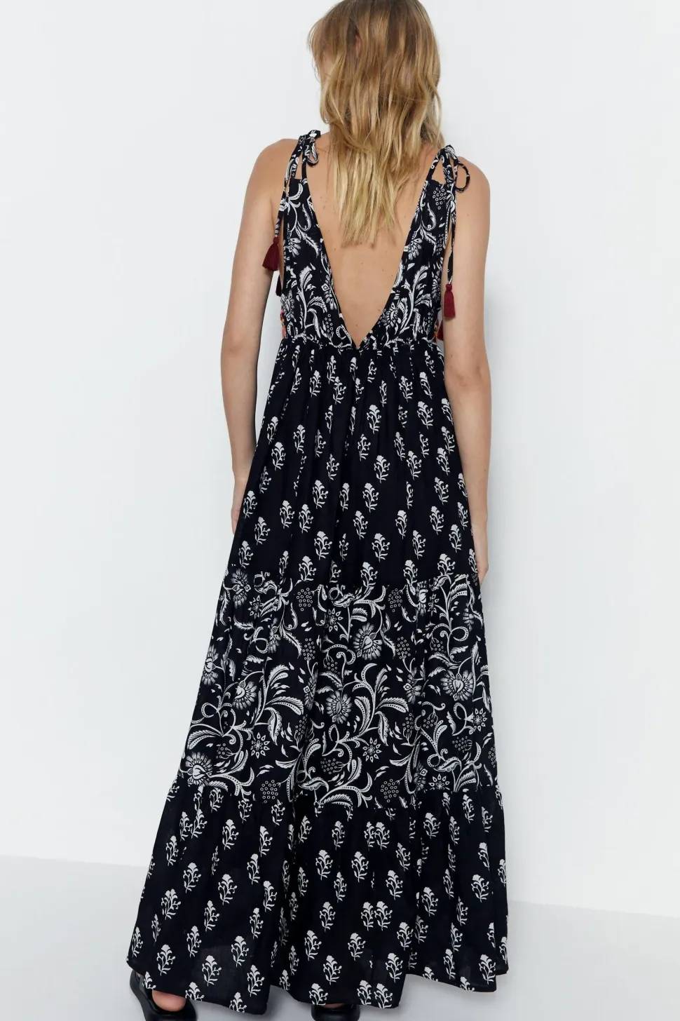 Paisley Mixed Print Embroidered Tassel Tie Maxi Dress