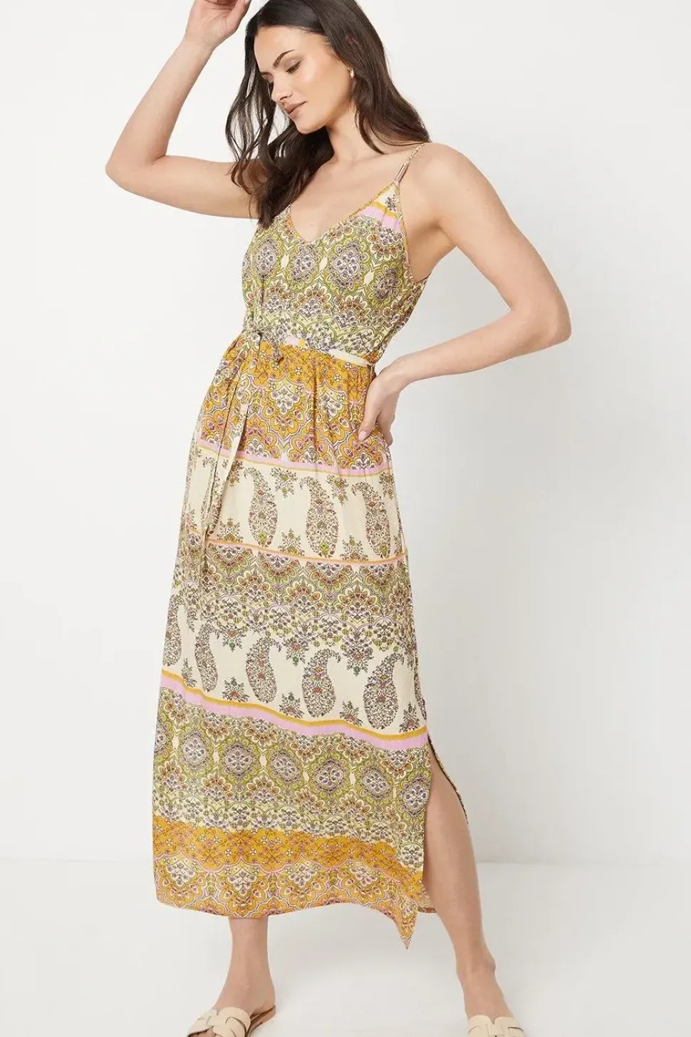 Paisley Patchwork Floral Printed Crinkle Strappy Belted Midi Dress