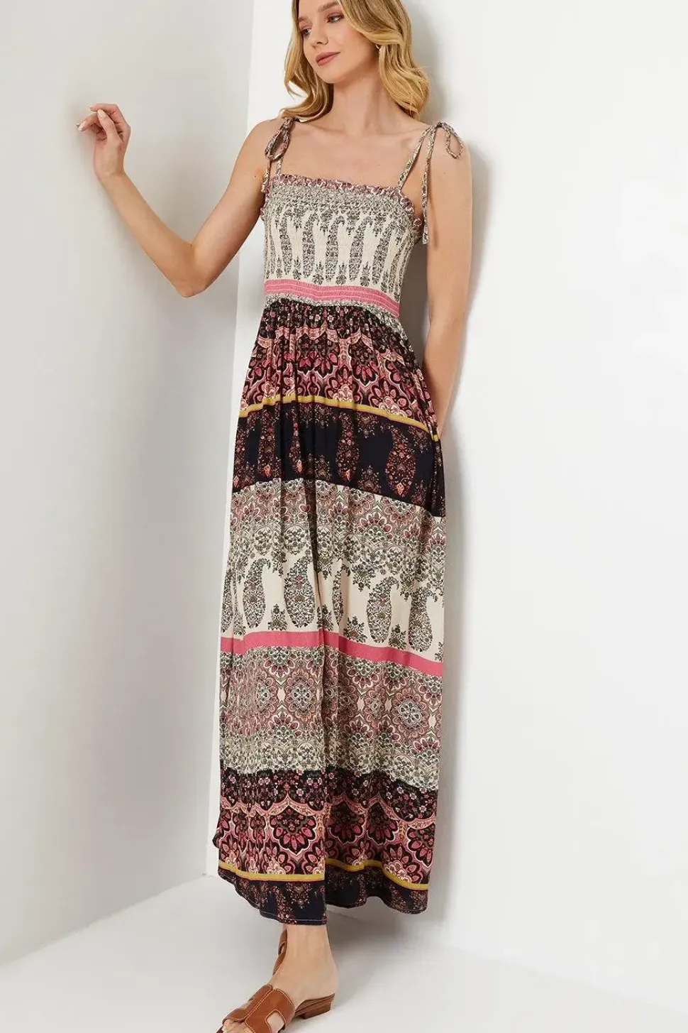 Paisley Patchwork Printed Crinkle Shirred Boddice Tie Strap Maxi Dress