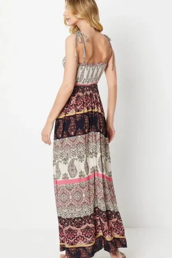Paisley Patchwork Printed Crinkle Shirred Boddice Tie Strap Maxi Dress