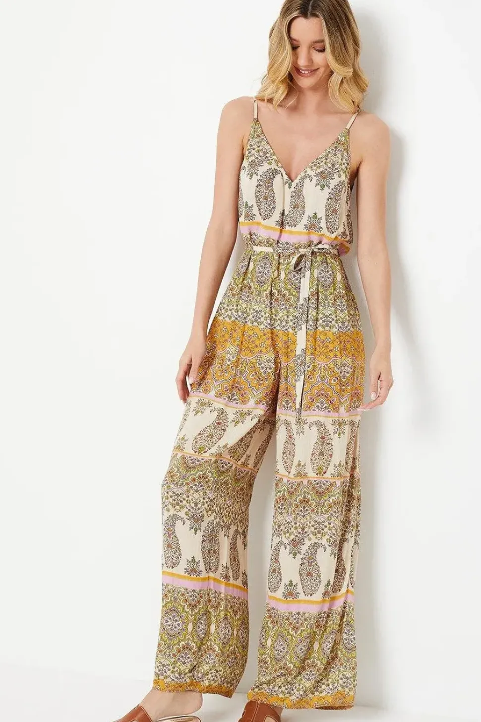 Paisley Patchwork Printed Crinkle Strappy Wide Leg Jumpsuit