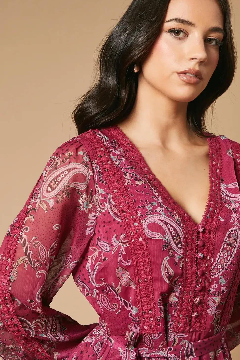 Paisley Printed Lace Trim Tiered Belted Mini Dress