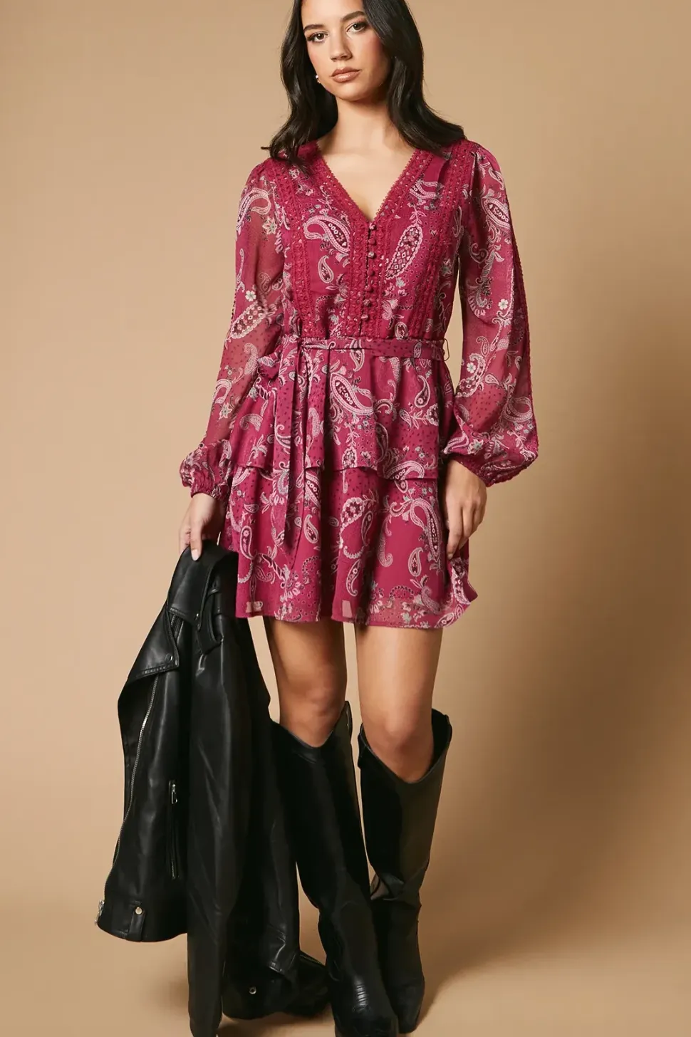 Paisley Printed Lace Trim Tiered Belted Mini Dress