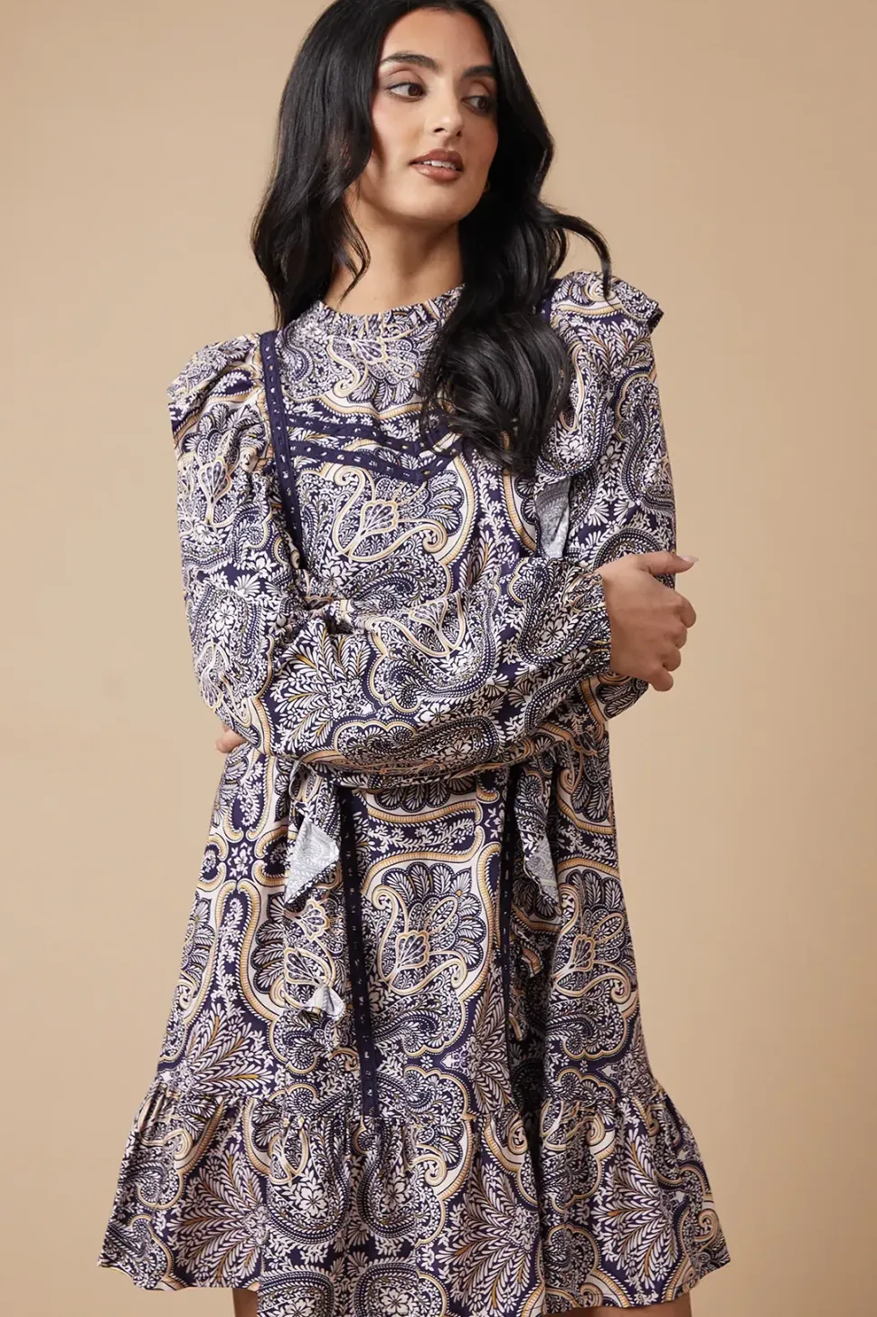 Paisley Printed Ruffle Lace Trim Mini Dress
