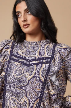 Paisley Printed Ruffle Lace Trim Mini Dress