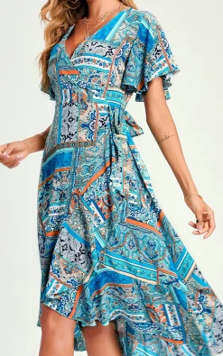 Paisley Print Hem Wrap Midi Dress In Blue