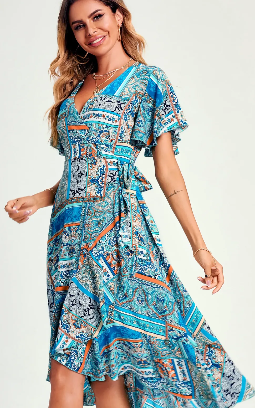Paisley Print Hem Wrap Midi Dress In Blue