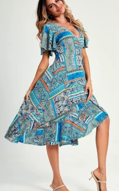 Paisley Print Hem Wrap Midi Dress In Blue