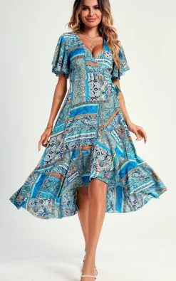 Paisley Print Hem Wrap Midi Dress In Blue