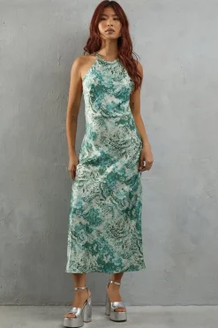 Paisley Print Satin Strappy Back Slip Dress