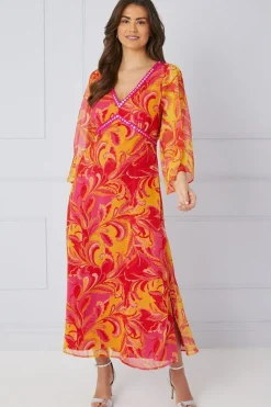Paisley Print Trim Detail Midaxi Dress