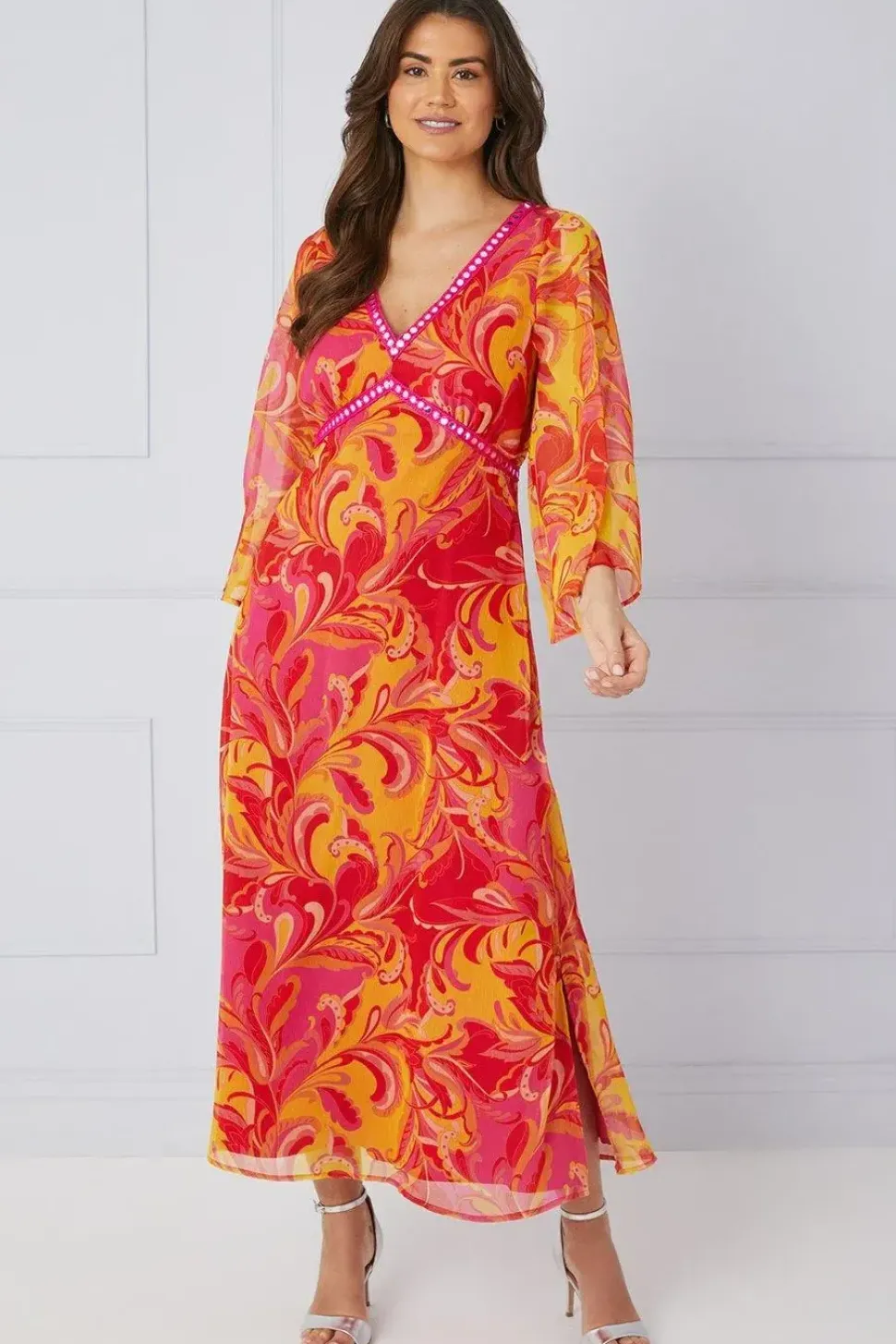 Paisley Print Trim Detail Midaxi Dress