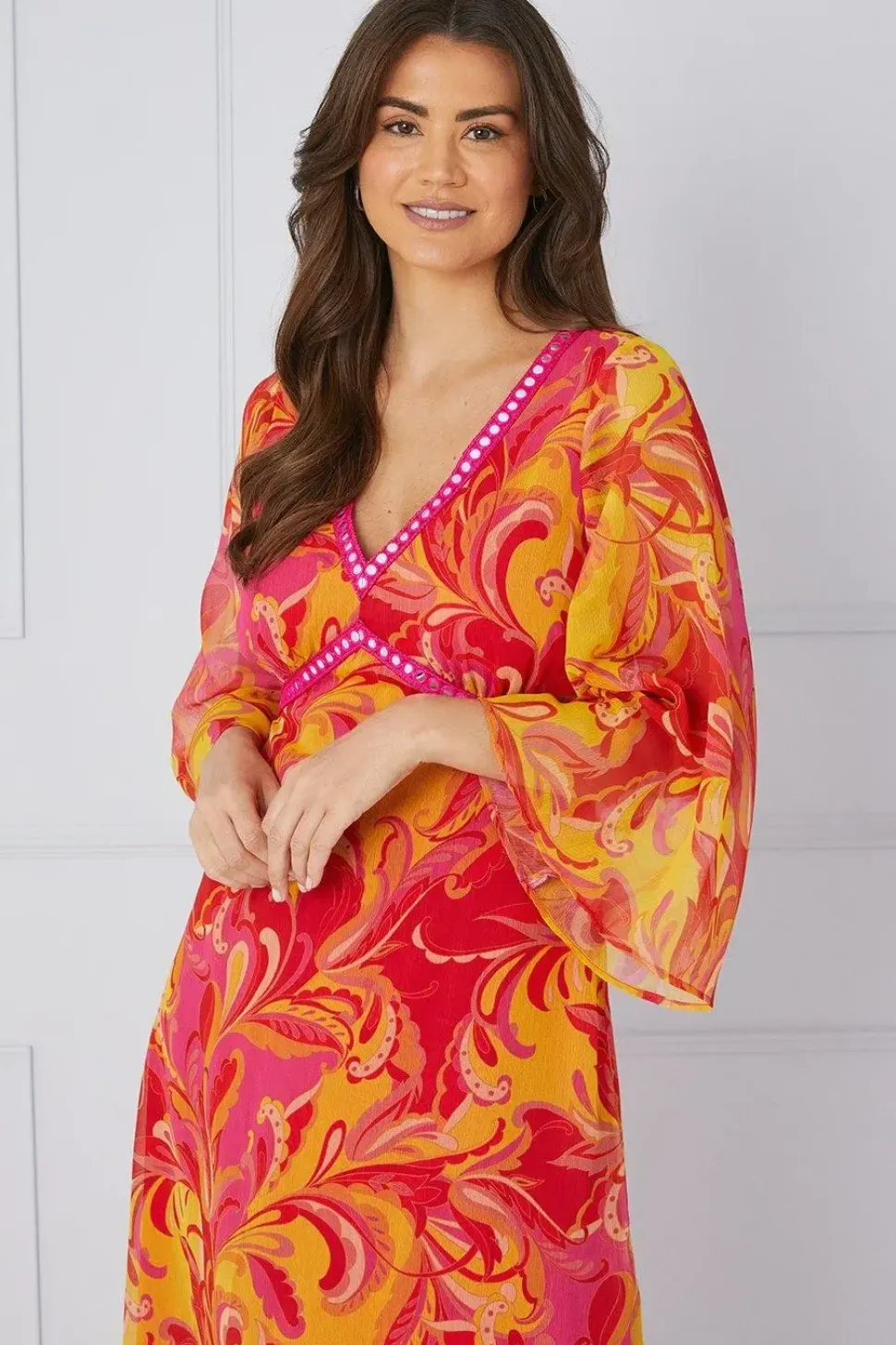 Paisley Print Trim Detail Midaxi Dress